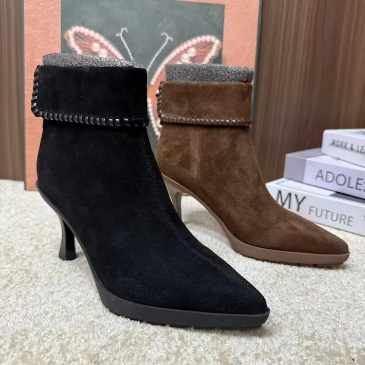 537-01老钱风翻折时装靴冬季时尚百搭细跟加绒气质女士靴休闲优雅