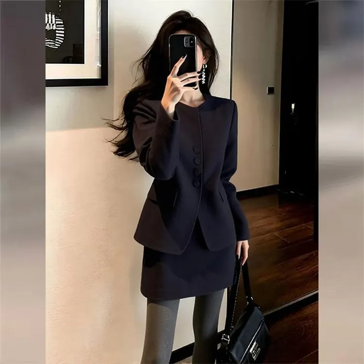 INS CEC法式小香风黑色西装套装新款秋冬气质外套半身裙子两件套