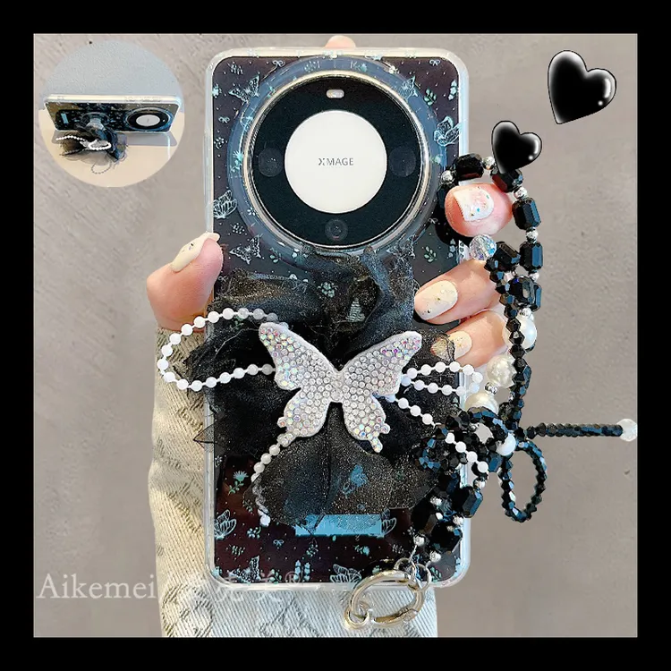 适用华为mate70pro+手机壳黑色蝴蝶mate60pro+碎花水钻蕾丝支架女