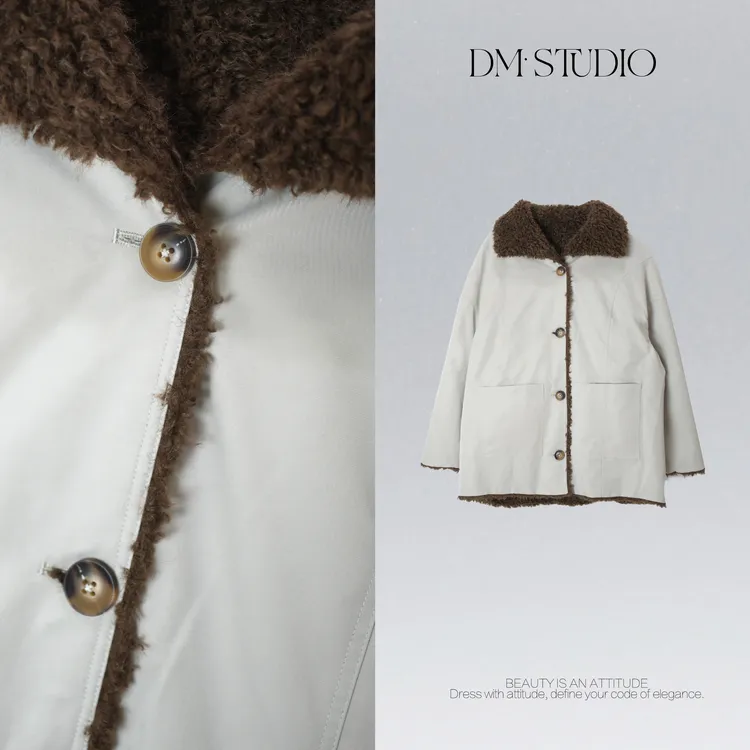 DEDM•STUDIO/复古重工气质冬季保暖翻毛领排扣外套2510WT/8928