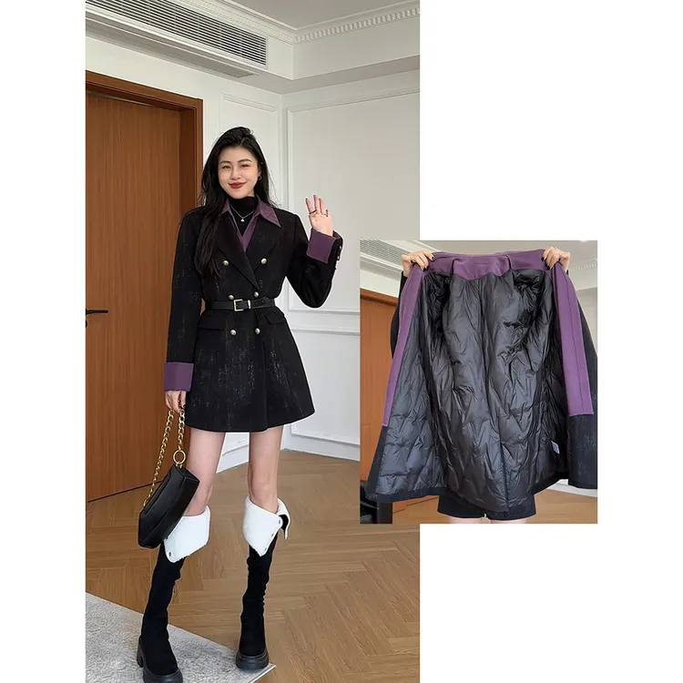 张阿星【中古贵感】假两件排扣撞色翻领拼接高级感小众羽绒服外套