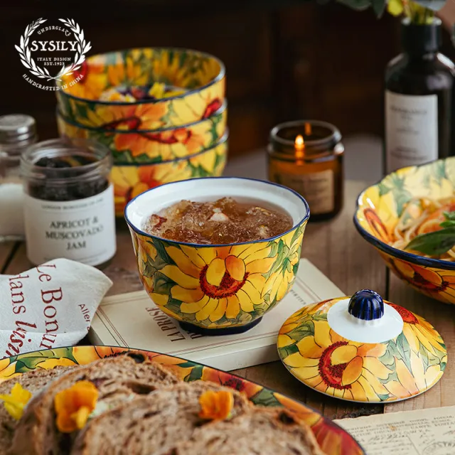 向日葵- 4.8英寸精致炖锅套釉下彩色高价值陶瓷日常碗家用餐具