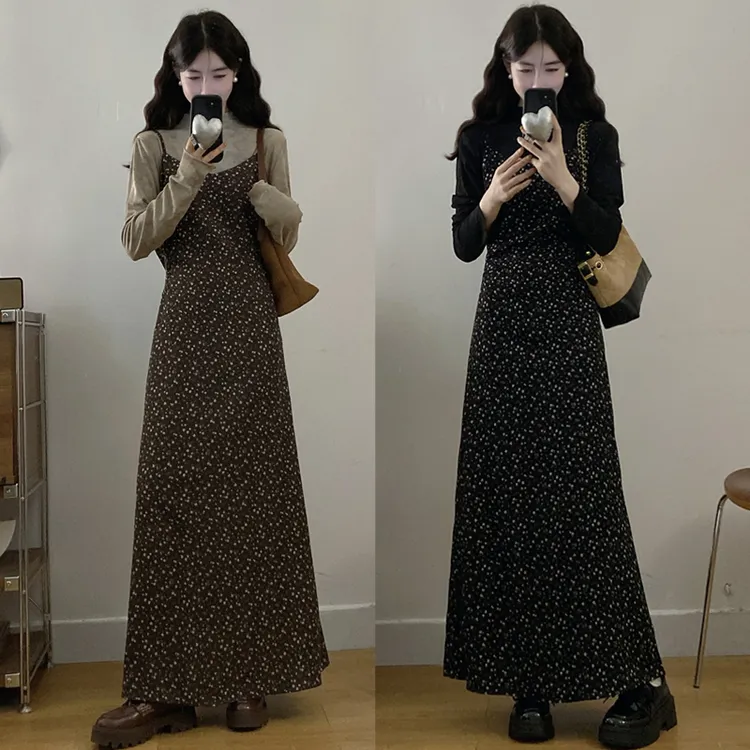 大码胖mm秋冬新款韩版时尚长裙假两件碎花减龄长款连衣裙女
