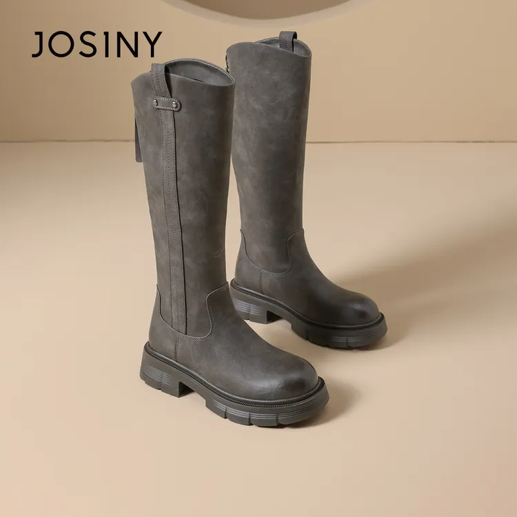 卓诗尼厚底长筒靴女2025秋冬新款不过膝长靴高筒骑士靴灰色牛仔靴