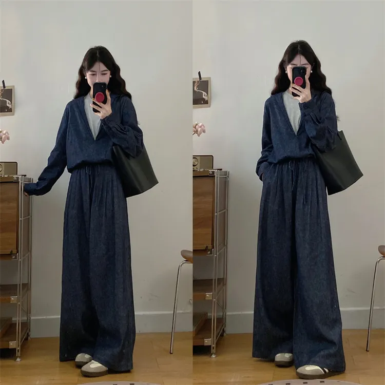 2025年秋装大码女士阔腿裤套装简约风撞色拼接假两件高级感上衣含
