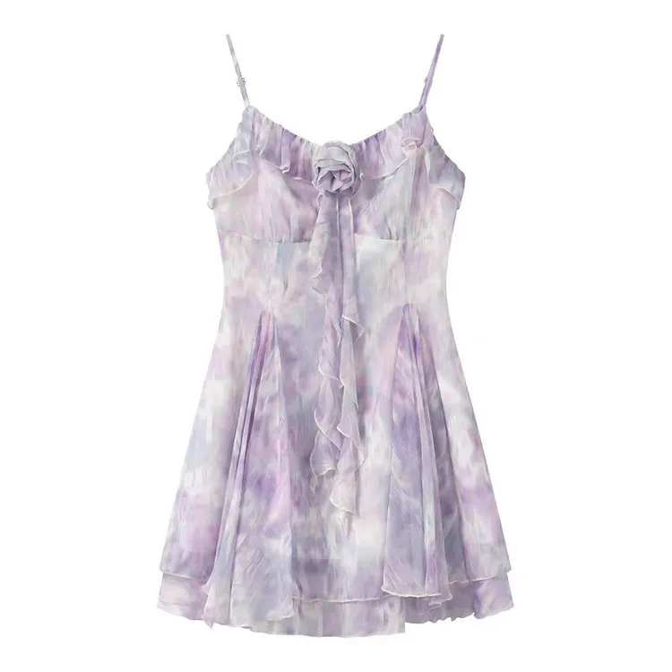 2025夏季新款紫色晕染v领收腰吊带裙氛围感花朵短裙开衫时尚套装