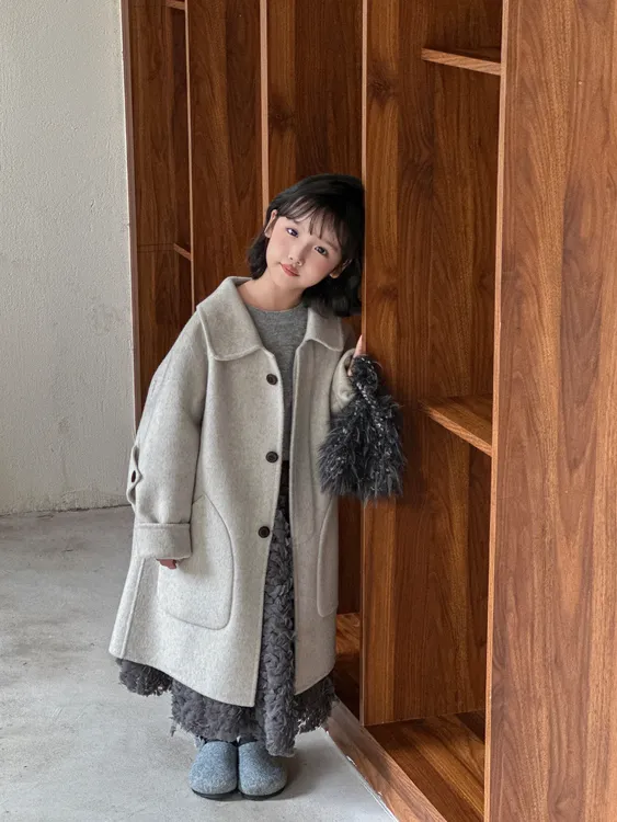 格子单排扣常规款冬季C类羊毛大衣童装女童男童双面儿童毛呢