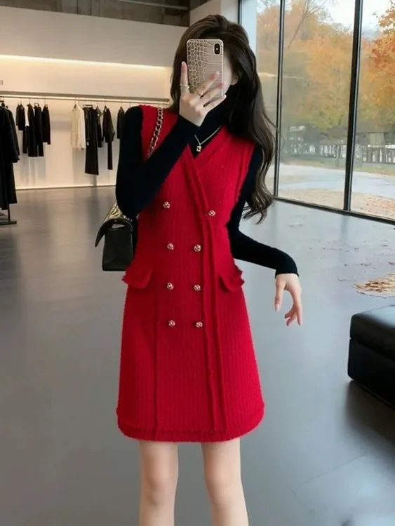 重要场合高端精致高级感富家千金小香风红色圣诞背心连衣裙百搭款