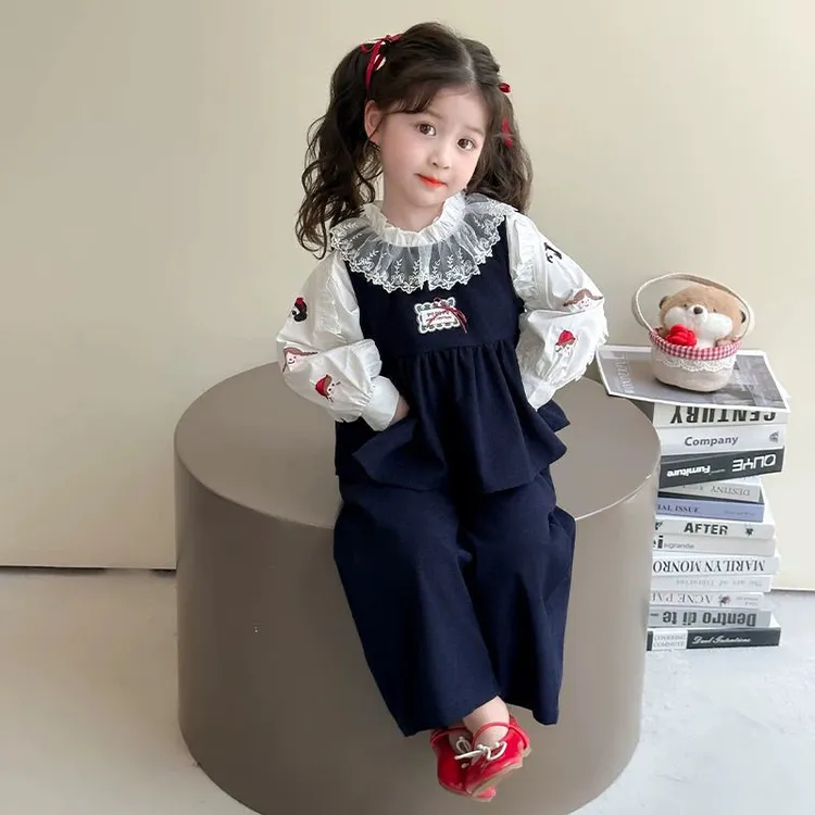 女常规春秋衬衫套装儿童刺绣秋季套头灯芯绒公主女孩洋气春装套装