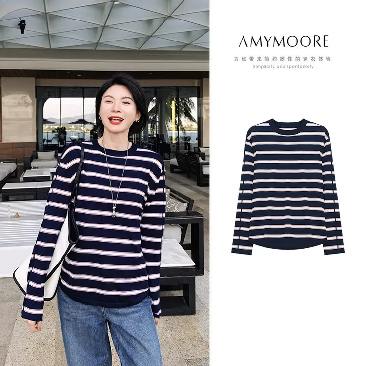 AMYMOORE艾莫尔女装春季女装毛衣条纹羊毛针织衫圆领长袖780155