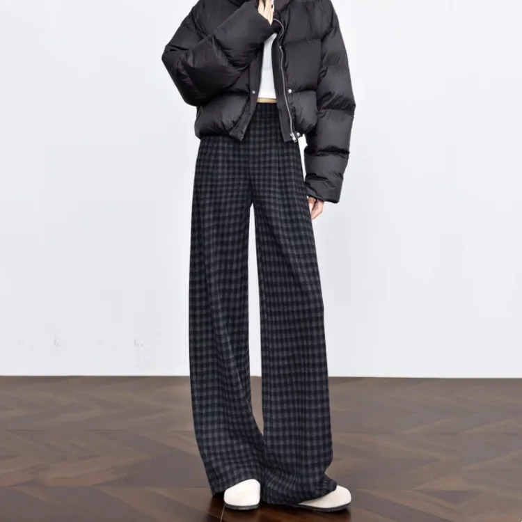加绒加厚格子阔腿裤女秋冬2025新款高腰百搭宽松黑灰色直筒休闲裤商品图