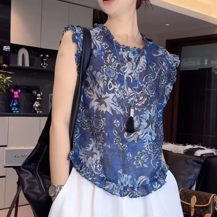 夏季百搭洋气时尚显瘦遮肉气质木耳边设计感宽松休闲轻熟减龄上衣