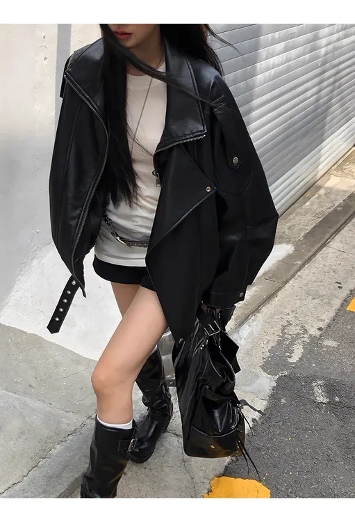 黑色皮衣外套女酷飒风独特超好看机车复古夹克