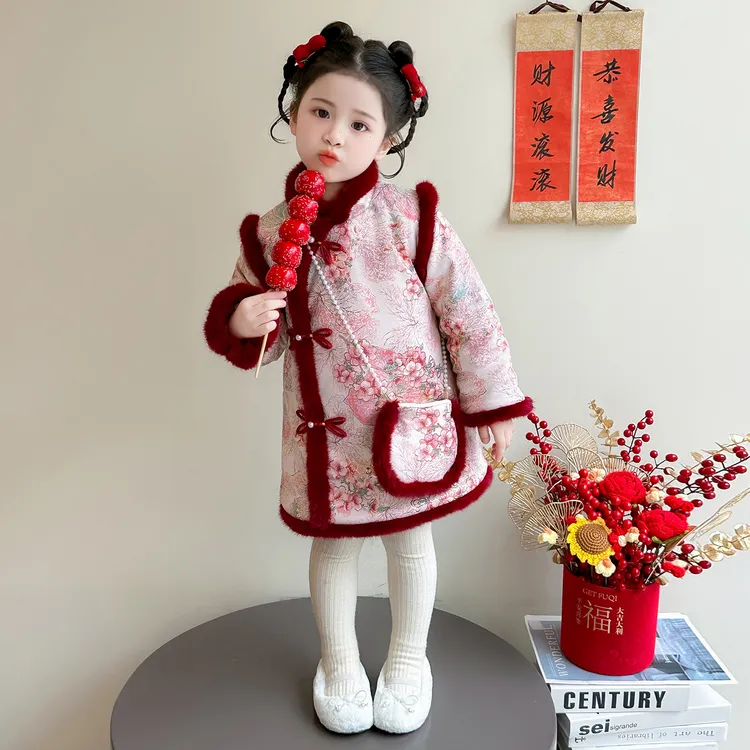 女童加绒旗袍裙冬季2025新款洋气儿童夹棉加厚保暖国风拜年服裙子