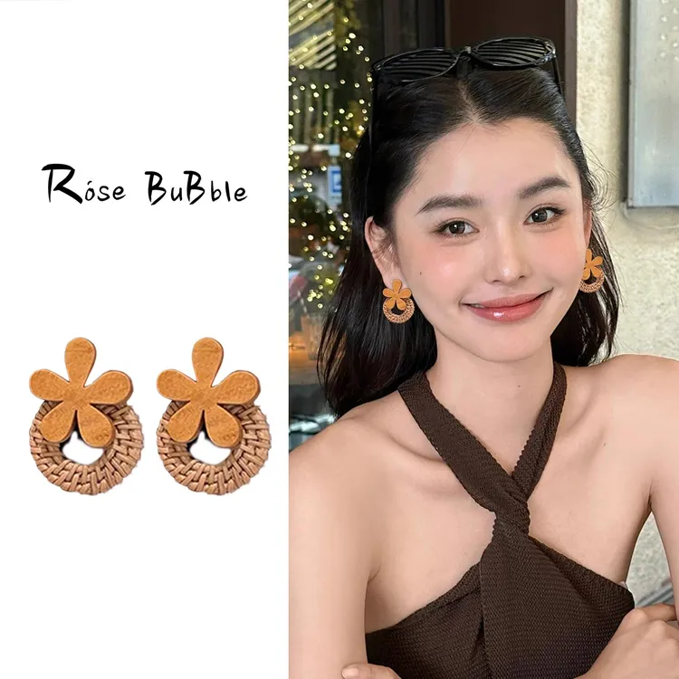非金属木质耳饰 复古花朵耳钉女小众设计感耳环度假风高级感耳饰
