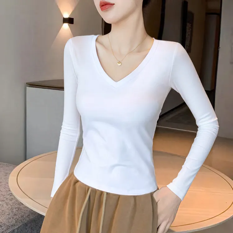 白色长袖V领t恤女2025新款修身显瘦打底衫春秋冬内搭纯棉正肩上衣