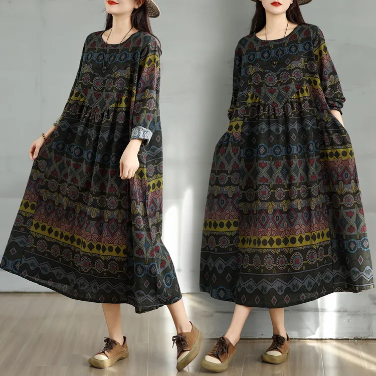 大码胖mm复古棉麻印花圆领长袖连衣裙女秋冬宽松显瘦拼接A字裙女