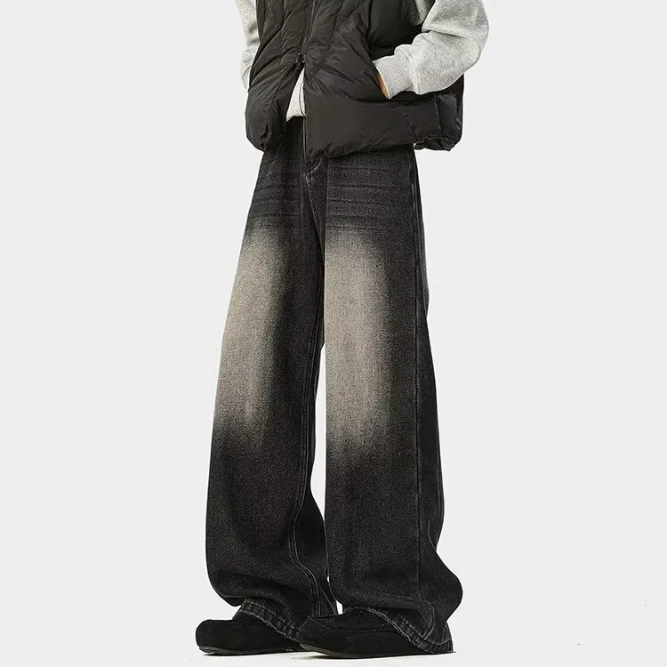 美式复古cleanfit加绒牛仔裤男宽松做旧水洗直筒裤高街潮牌休闲裤
