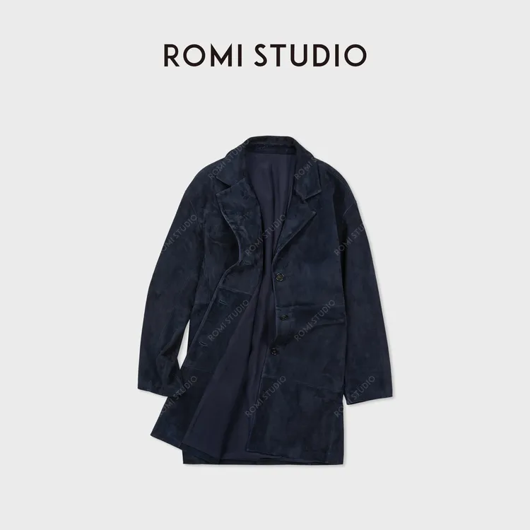 ROMI STUDIO土耳其进口头层绒面小羊皮中长款蓝皮衣RWCAWT6136