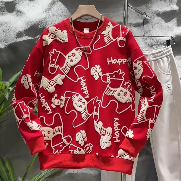 2025秋冬新款休闲男士卫衣卡通印花百搭上衣潮牌喜庆立体发泡时尚