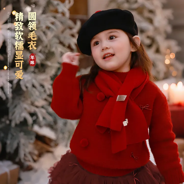 大小卷【有壹点甜】年款精致立体毛球蝴蝶结女童圆领毛衣-710237