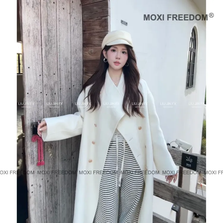 【暮色垂纱】25秋冬季新款双排扣长毛过膝款双面羊毛呢子大衣女