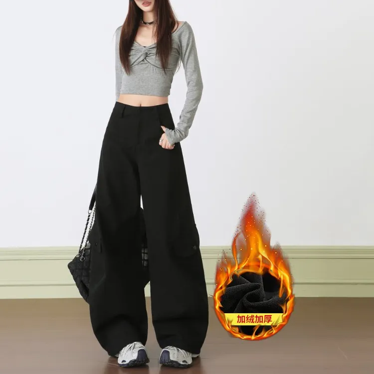 旗鼠设计感美式复古辣妹弯刀裤加绒加厚百搭显瘦多口袋阔腿工装裤