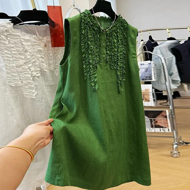 高级感重工时尚木耳边背心裙女夏季薄款高端无袖连衣裙中长款裙子