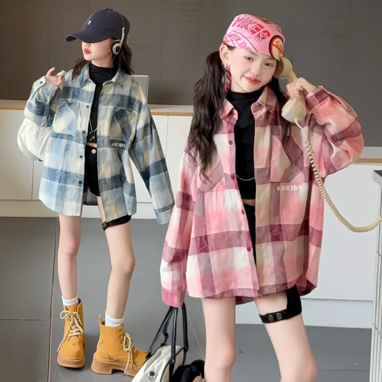 女童新款春秋韩版长袖格子翻领衬衫中大童学院风时尚洋气宽松外套