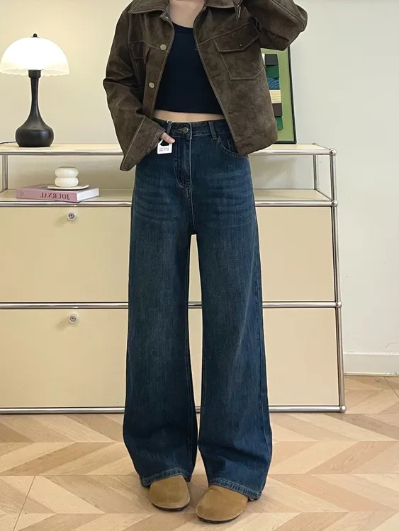 秋季弹力窄版直筒牛仔裤女高腰百搭拖地裤大码梨型遮胯显瘦阔腿裤