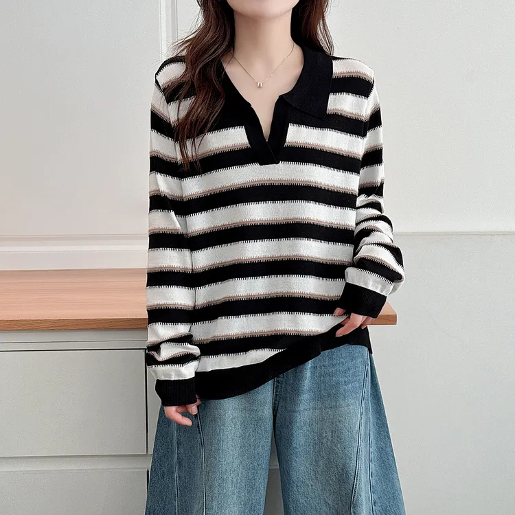 大码胖mm翻领条纹毛衣女秋冬新款宽松韩版v领针织衫套头显瘦上衣