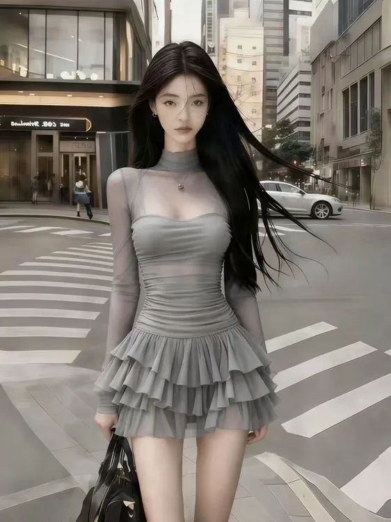 轻奢气质名媛纯欲风灰色半高领网纱拼接微透氛围感气质辣妹连衣裙