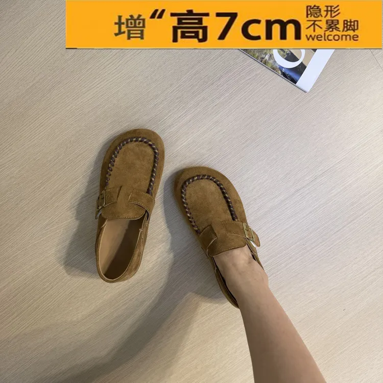 7CM内增高小个子厚底包头半拖鞋女外穿懒人一脚蹬软皮软底勃肯鞋