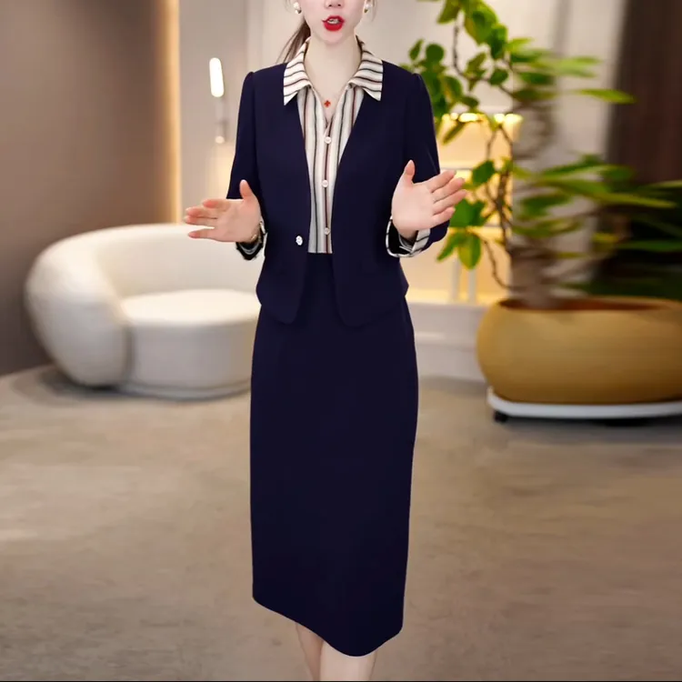 轻奢风高端时尚拼接条纹套装女2025秋季新款端庄大气连衣裙两件套