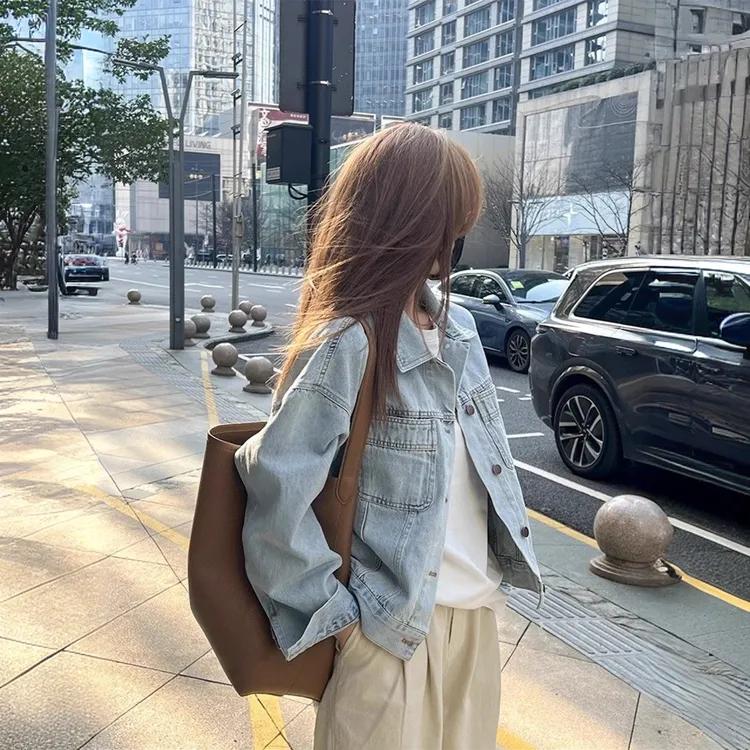 2025年春秋新款韩系宽松百搭夹克长袖上衣高级感复古蓝牛仔外套女