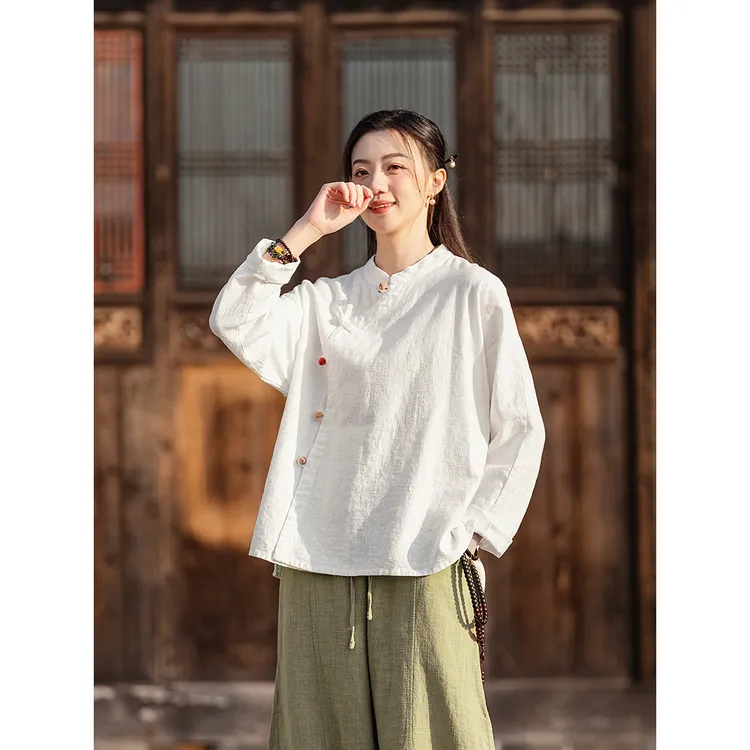 2025春夏新款棉麻女装复古立领偏襟拼色砂洗盘扣上衣长袖女式衬衫