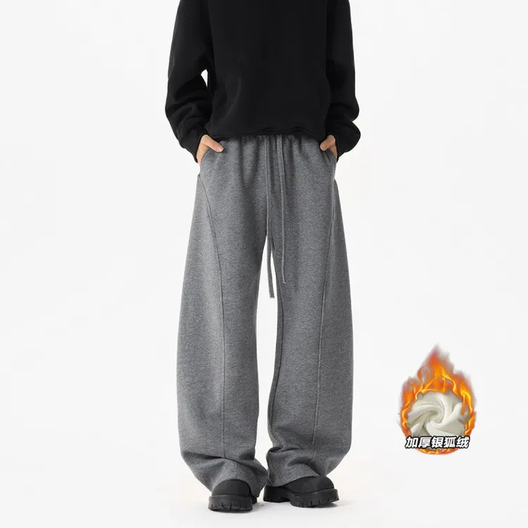 2025秋冬季重磅休闲中性弯刀卫裤加绒加厚裤子男保暖宽松阔腿长裤