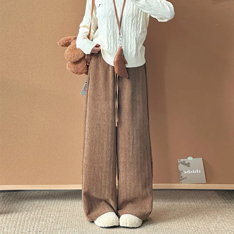 咖色人字纹阔腿裤女秋冬2025新款高腰垂感休闲直筒拖地裤