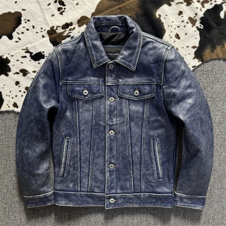 经典工装507牛仔做旧蓝色皮夹克头层牛皮翻领真皮皮衣男女款外套