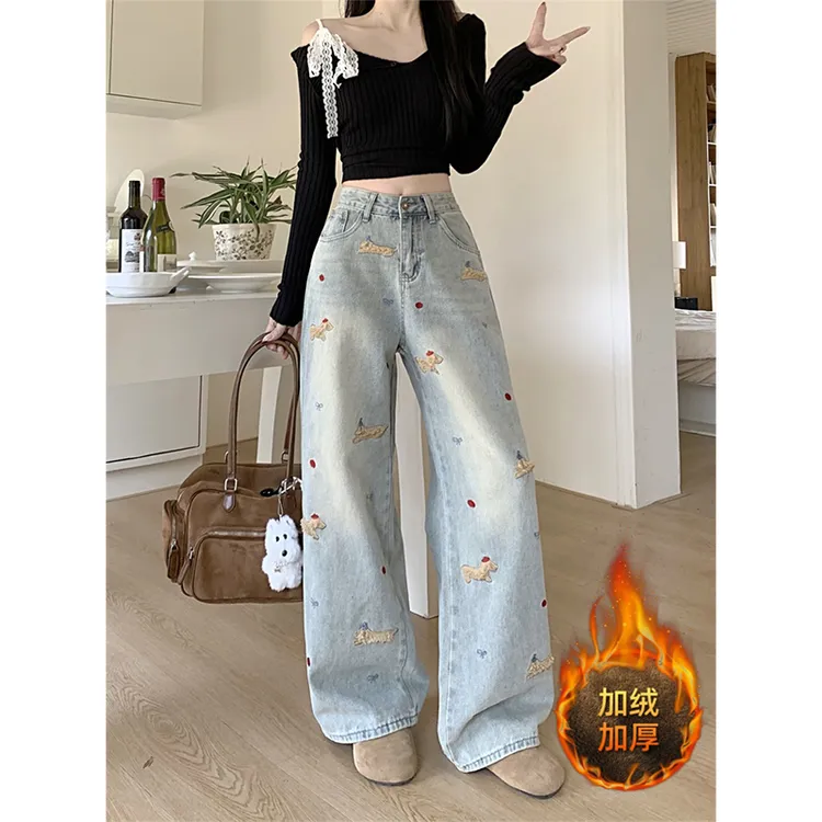 300斤胖mm大码女装浅色腊肠狗刺绣牛仔裤女2025爆款保暖加绒裤子