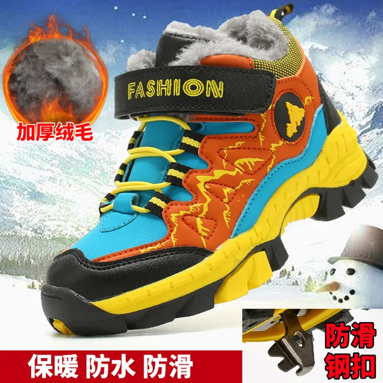 36l°C断码冬季男童皮面棉鞋儿童雪地靴高帮防滑中大童加绒保暖鞋