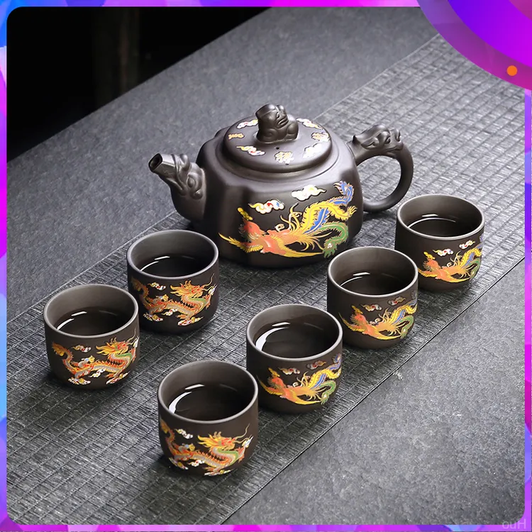 创意龙凤变色凤鸣紫砂壶泡茶专用断水茶艺器具四方龙尊大容量茶具