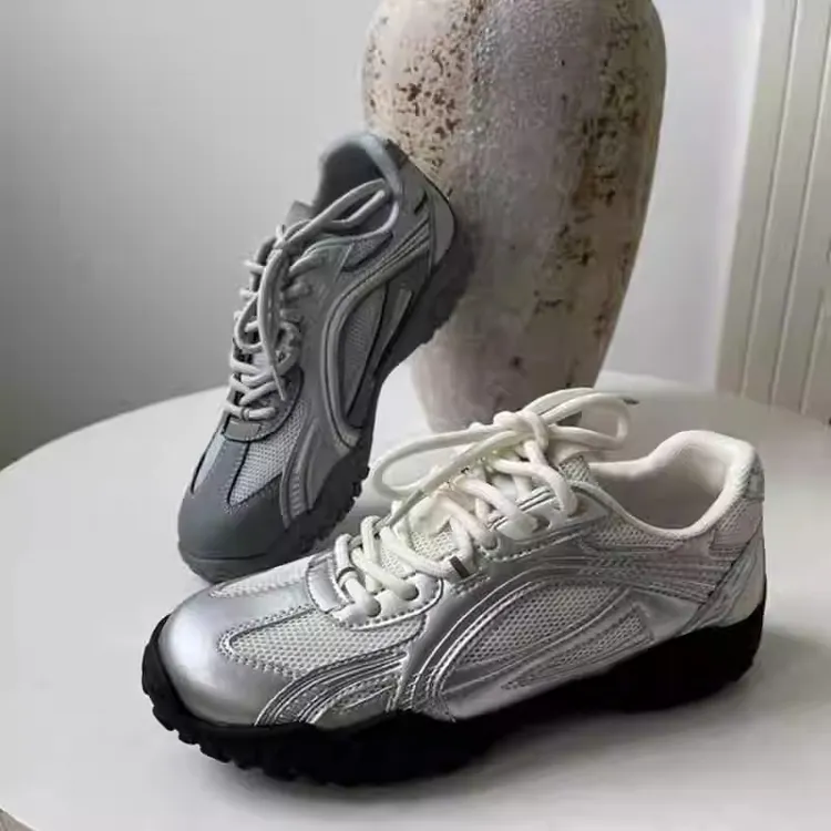 厚底银色芭蕾风德训运动鞋夏季透气网面厚底鞋子女ins潮牌百搭