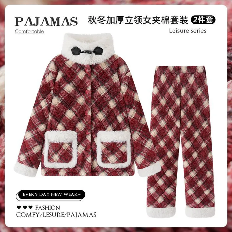 三层夹棉冬季2025年睡衣女长毛绒加绒加厚珊瑚绒家居服套装女外穿