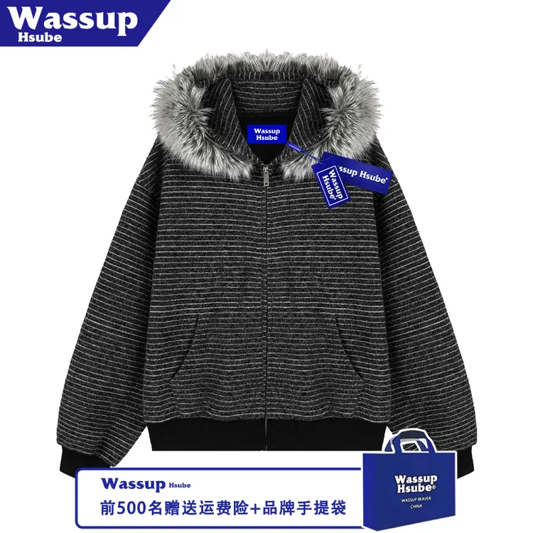 WASSUP HSUBE拉链连绒帽开衫卫衣秋冬季外套纯色黑色男女新款上衣