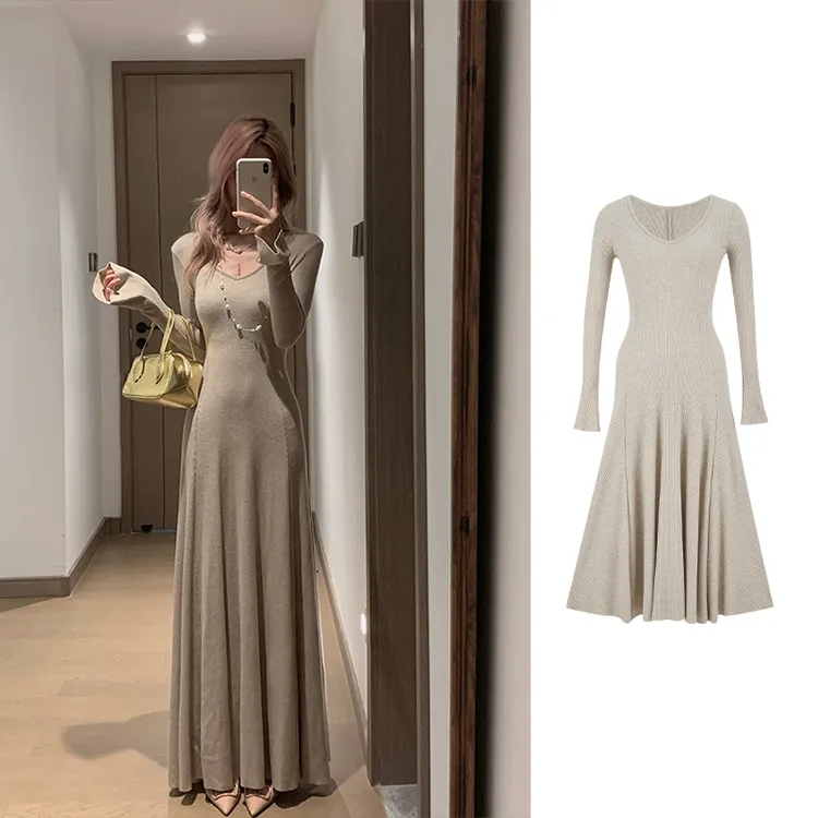 法式新款高个子长袖针织连衣裙秋冬V领修身A字长裙女