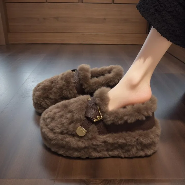 【法国Youtina&Shoes品牌正品】羊羔绒厚底毛毛鞋女年新款冬季皮