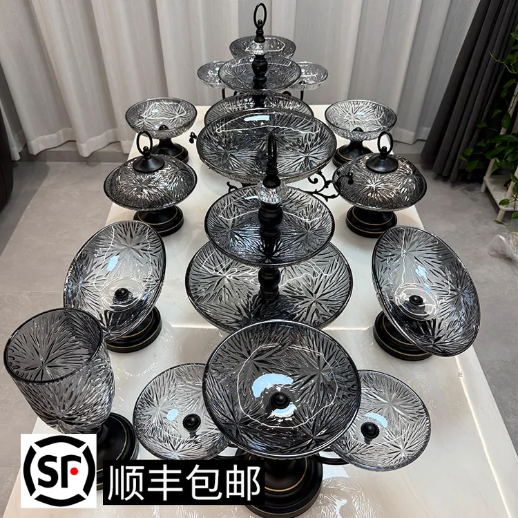 ZG/中歌【新疆包邮】18头黑扫金米字花玻璃果盘欧式轻奢风托盘简约