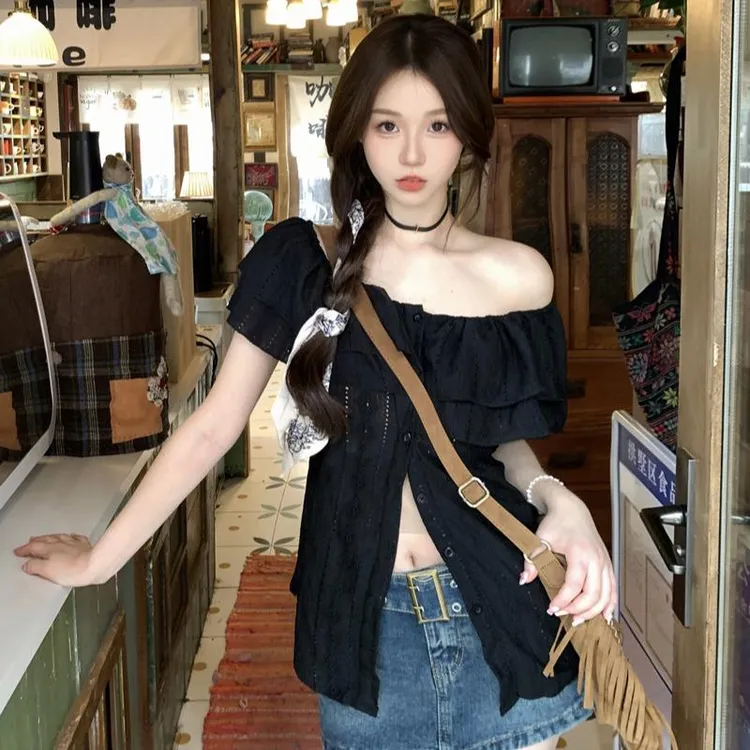 大码一字肩衬衫女夏季胖mm感小众开叉小衫纯欲辣妹上衣
