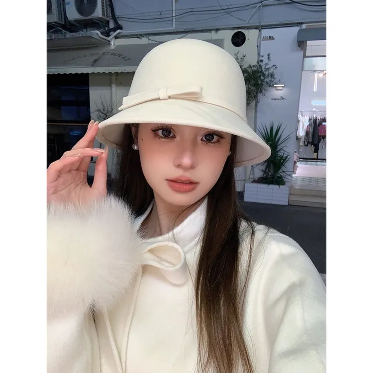 法式赫本风羊毛渔夫帽女秋冬季小香风帽大头围礼蝴蝶结水桶帽盆帽